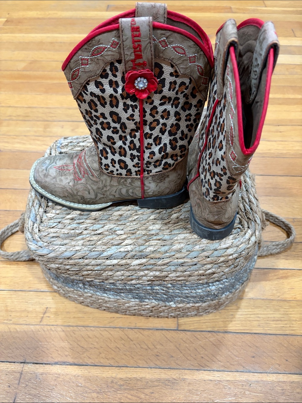 Twister Leopard Print Kids Western Boots with Red Trim & Flower